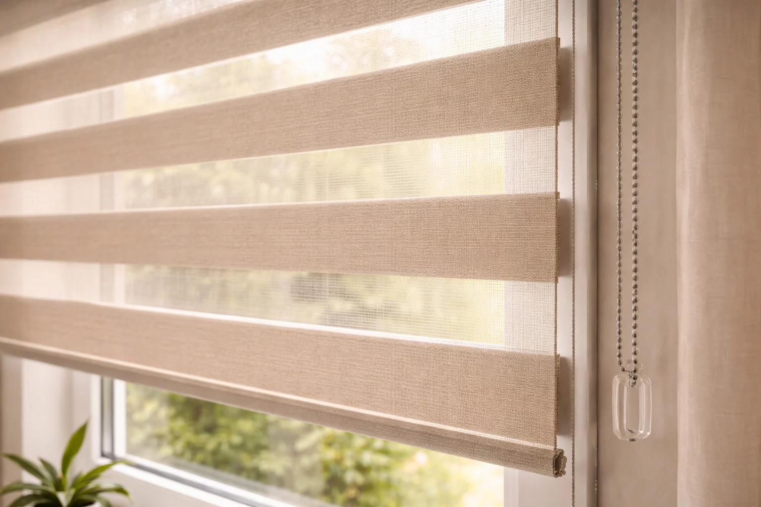 Detailaufnahme eines textilen Sonnenschutzes am Fenster – Stoffrollo mit strukturierter Oberfläche für Licht- und Sichtschutz