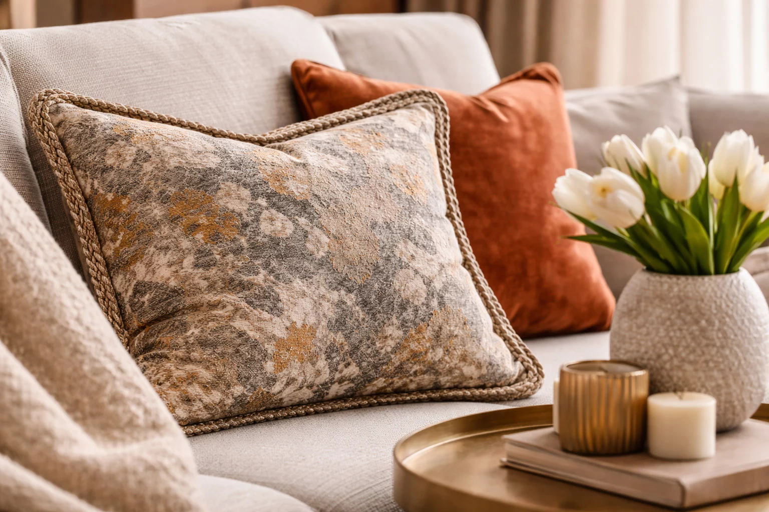 Detailaufnahme hochwertiger Polsterstoffe und Kissen auf Sofa – moderne Innendekoration mit individuell abgestimmten Materialien