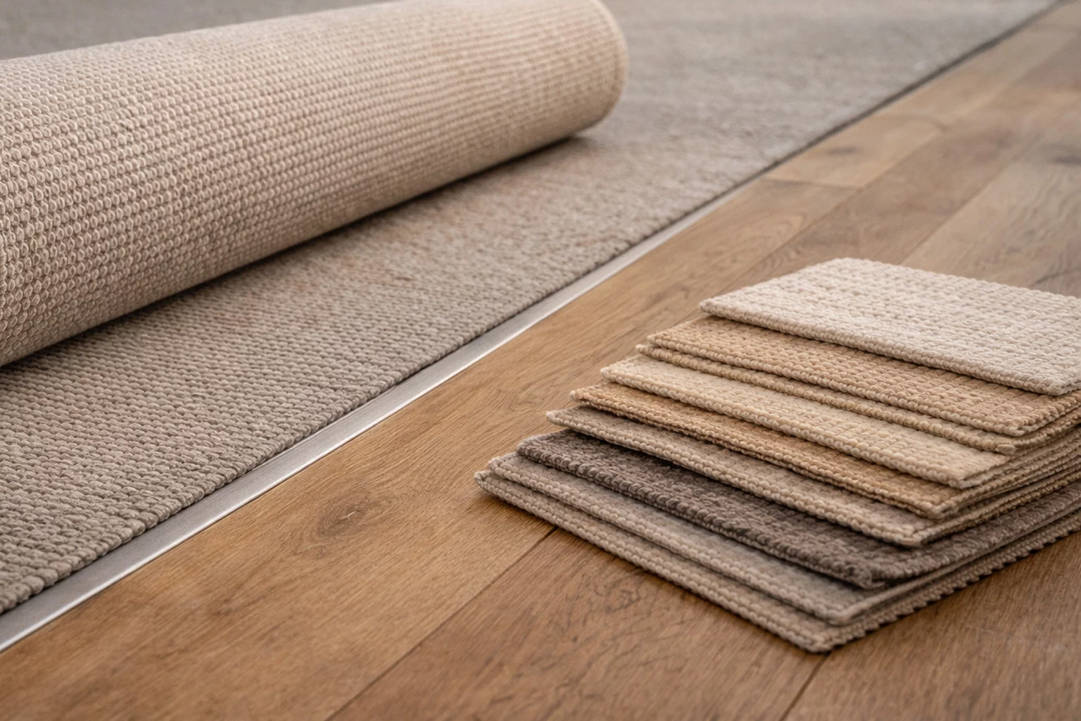 Detailaufnahme von Teppichboden und Stoffmustern auf Holzfußboden – Auswahl und Verlegung hochwertiger Textilbeläge